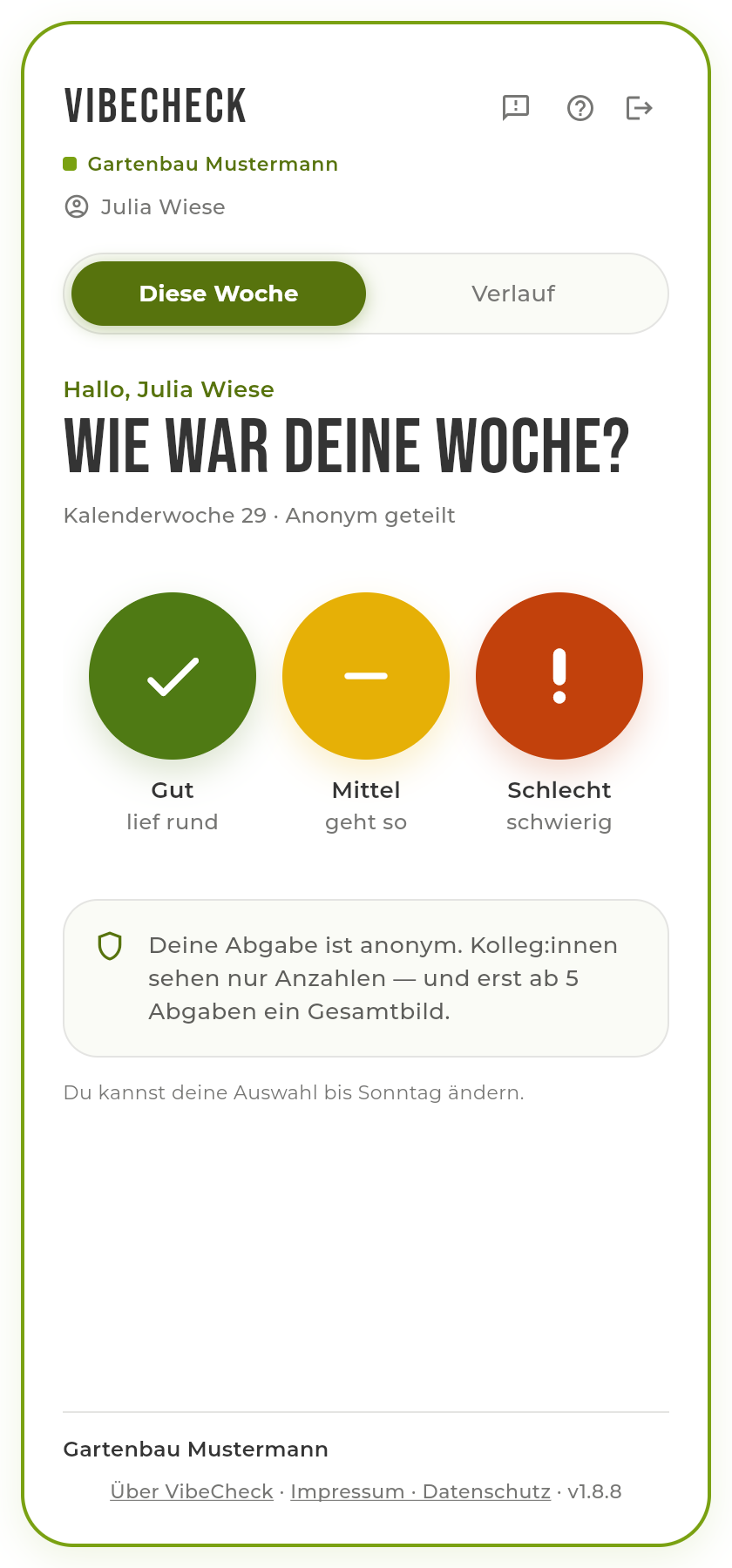 Wochen-Abgabe: Grün, Gelb oder Rot wählen