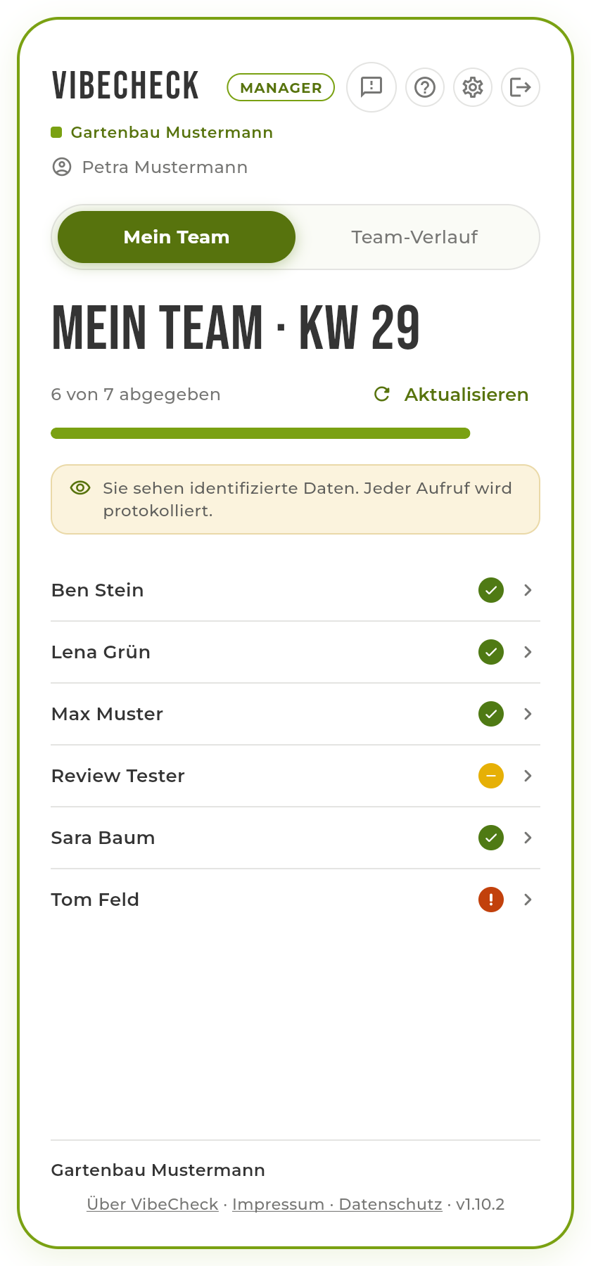 Teamleiter-Sicht im Standard-Modus: Wochenliste mit Namen